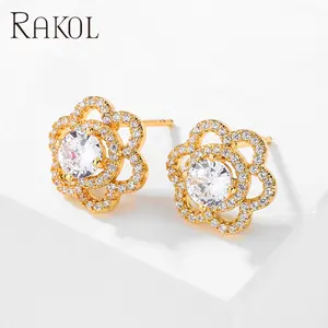 RAKOL EP1088 2022 new hollow inlaid zircon diamond flower shaped ladies fashion bridal stud fine women gold plated earrings