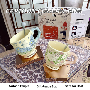 Mug en céramique mignon avec couvercle et cuillère, motif chat et fleurs de dessin animé, 401-500ml, tasse cadeau pour la maison, pour café et boissons - Product Image 2