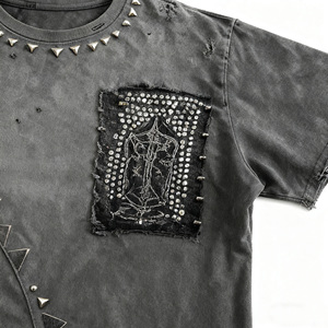 <span class=keywords><strong>Qt</strong></span> Người Đàn Ông Của Thời Trang Thương Hiệu Nhà Sản Xuất Tùy Chỉnh Retro Đường Phố Giản Dị Axit Rửa Rhinestone Phức Tạp Thêu 100% Cotton Thường Xuyên Phù Hợp - Product Image 3