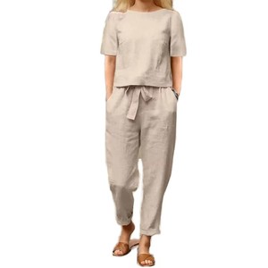 Set di Abbigliamento Casual da Donna <span class=keywords><strong>Taglie</strong></span> Forti, T-Shirt in Cotone e Lino con Collo Tondo e <span class=keywords><strong>Pantaloni</strong></span> Aderenti Sopra il Ginocchio - Product Image 1