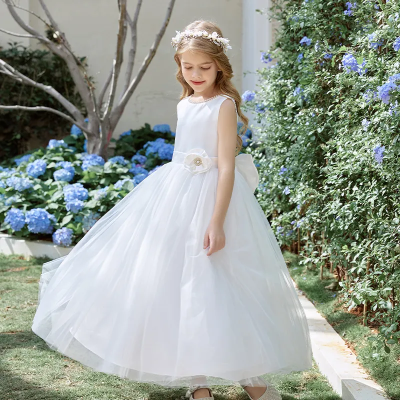 2024 Teenager-Mädchen Brautjungfernkleider für Party Hochzeit Geburtstag weißes Kinderballkleid Prinzessenkleid