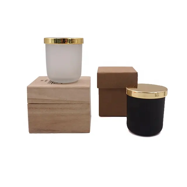 Matte black frosted heat resistant glass candle jars With gold metal Lids and wooden box