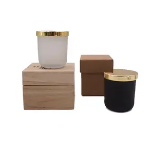 哑光黑色磨砂耐热玻璃蜡烛罐，带金色金属盖和木箱