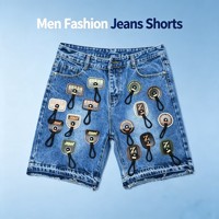 Shorts en jean pour homme GZL005 à 6,98 dollars, style streetwear avec strass et patchs, demi-pantalon en jean déchiré décontracté pour un look urbain