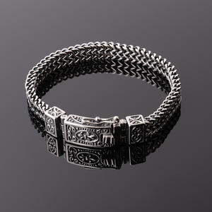 Perhiasan Hip Hop gelang buatan tangan pria, rantai tangan Stainless Steel ganda Punk Vintage Perak - Product Image 2