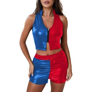Yisfri Womens Color Block Faux PU Leather 2 Piece Set Zipper <b>Crop</b> <b>Top</b> Ruched Shorts Club Party Outfit Spring Summer - Product Image 1