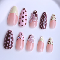 Nouvelle Collection Printemps-Été : 24 Faux Ongles 3D à Fleurs et Pois Français, Forme Amande Moyenne, Marron, à Coller, pour Femmes et Filles