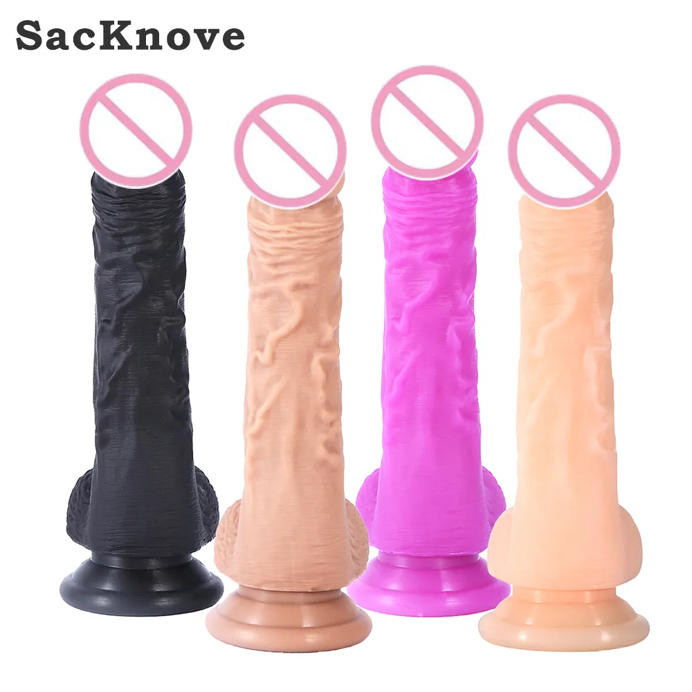 SacKnove 22cm 거대한 인공 검은 보라색 피부 Thrusting 딜도 섹스 장난감 현실적인 천연 실리콘 큰 음경