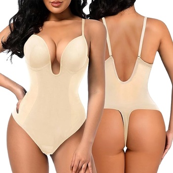 Women's Low Back Bodysuit Femme Shapewear Tummy Control Deep V Neck Backless Slimming Body Shaper Plunge Thong Bridal Bodysuit B