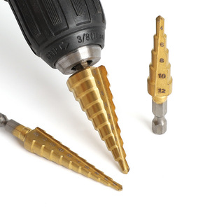 <b>Step</b> <b>Drill</b> Bit Set 3/8 In Hex And Triangular Shank Gold Finish For Metal Drilling With Quick Change Chuck - Product Image 1