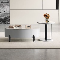 Ensemble de table basse ovale Nordic Cream avec plateau en verre trempé, tiroir caché, meuble gain de place pour salon d'appartement