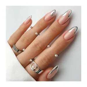 Ins Venda Quente Artificial Nail Art Prata Stripe Redemoinho Pintura Média 24pcs Private Label Logo Oem/Odm Abs Imprensa On Nail