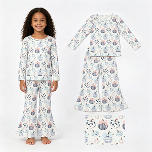 Toddler Girls Fall Pumpkin Outfit <b>Cow</b> Bow Print Long Sleeve Top with <b>Bell</b> Bottom Pants Pajama Set Casual Stretchy Soft Home Wear - Product Image 1