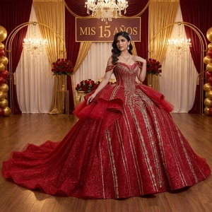 Rsm261094 Impresionante Vestido de Quinceañera Rojo con Corsé de Cuentas y Escote Corazón, para Fiesta de 16 Años, Jancember - Product Image 1