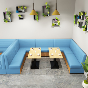 Sistema di panche avvolgenti personalizzato per negozi di tè, con sedute a cabina, in tessuto blu brillante, ideale per caffè giovanili e sale da tè - Product Image 1