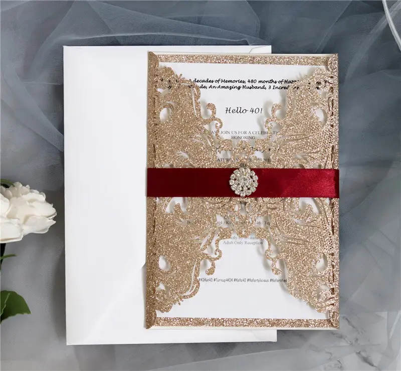 Laser Cut Elegant Luxurious Wedding Invitation Cards Golden Heat Stamping Rose With Tracing Paper Envelopes