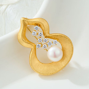 Chinese Style Gourd Brooch Copper Alloy Zircon Freshwater Pearl Gold Brushed Women's Fashion Corsage Gift - Product Image 4