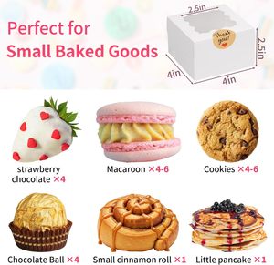Vente en gros de 24 boîtes à pâtisserie carrées en carton blanc personnalisées de 4x4x2,5 pouces avec fenêtre pour mini gâteaux, friandises, pâtisseries, beignets, macarons - Product Image 5