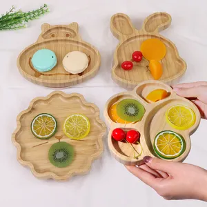 New Product Idea 2024 Eco-friendly Bamboo Baby Plate Bowl Cartoon Animal Wood Plate Bowl Set With Silicone Suction Cup