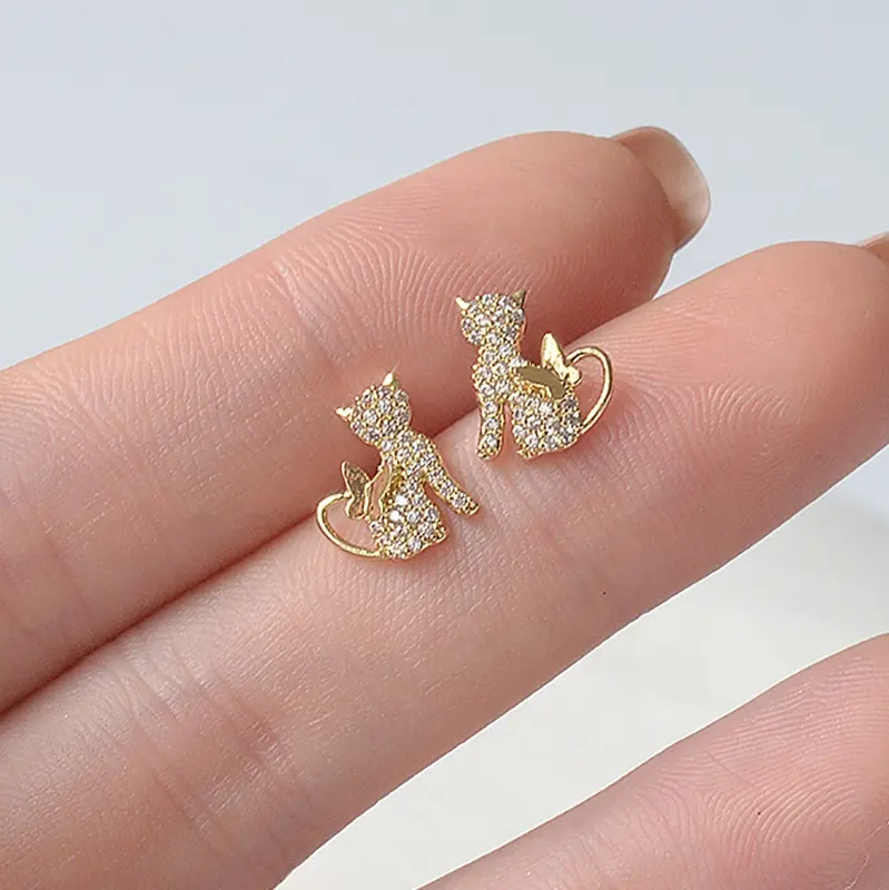 Fashion 14K Real Gold Cute Small Cat Stud Earrings Delicate Rhinestone Jewelry Zircon Piercing Earrings for Women Gift