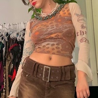 Women's Leopard Print See Through Long Sleeve Crop Top