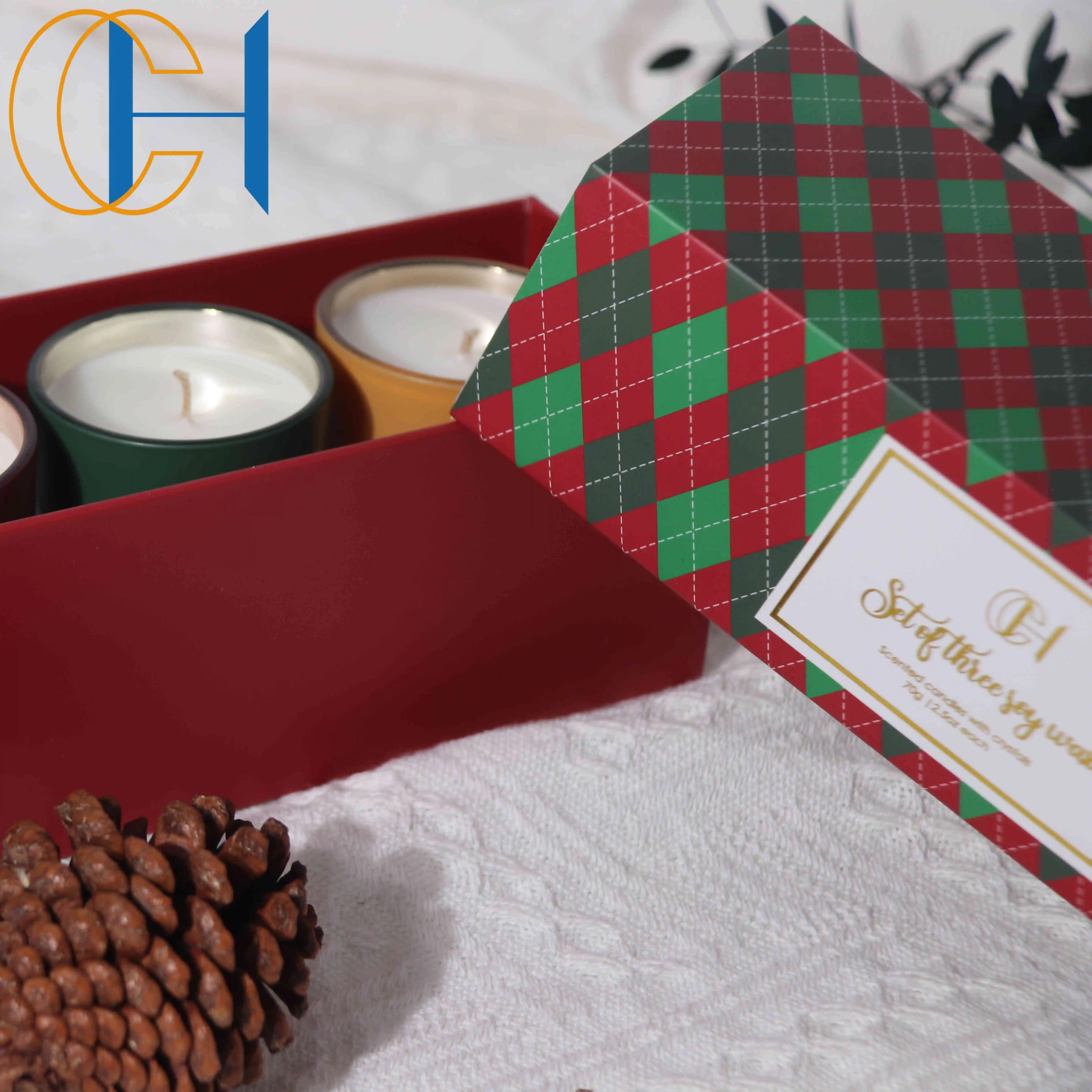 C & H, nuevo tarro de cristal de lujo personalizado, cera de soja, 50g * 3, decoración navideña, velas perfumadas, juego de regalo