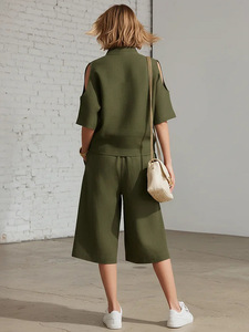 Completo da donna due pezzi con spalle scoperte, top con mezza zip e <span class=keywords><strong>pantaloni</strong></span> <span class=keywords><strong>capri</strong></span> larghi, morbido, per tutti i giorni, ufficio, vacanze, casual, streetwear - Product Image 3
