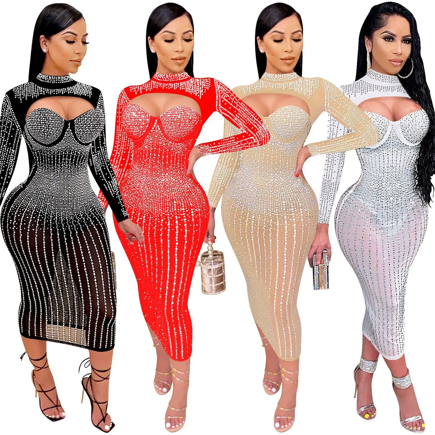 Yingchchao 2023 Plus Size Sexy Perspectiva Bling Cristal Vestido One Piece Saia Mulheres Bodycon Maxi Vestido Longo Festa