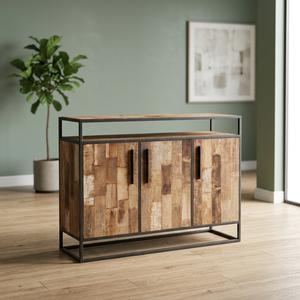 Armoire industrielle vintage en bois de manguier massif à 3 portes, réglable, écologique, durable, pour salon d'appartement - Product Image 3