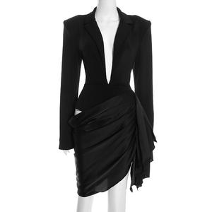 Viviblook Q25DS432 <b>Women</b> Party <b>Dresses</b> New Solid Color Long Sleeve Deep V-neck <b>Suit</b> <b>Dress</b> - Product Image 3