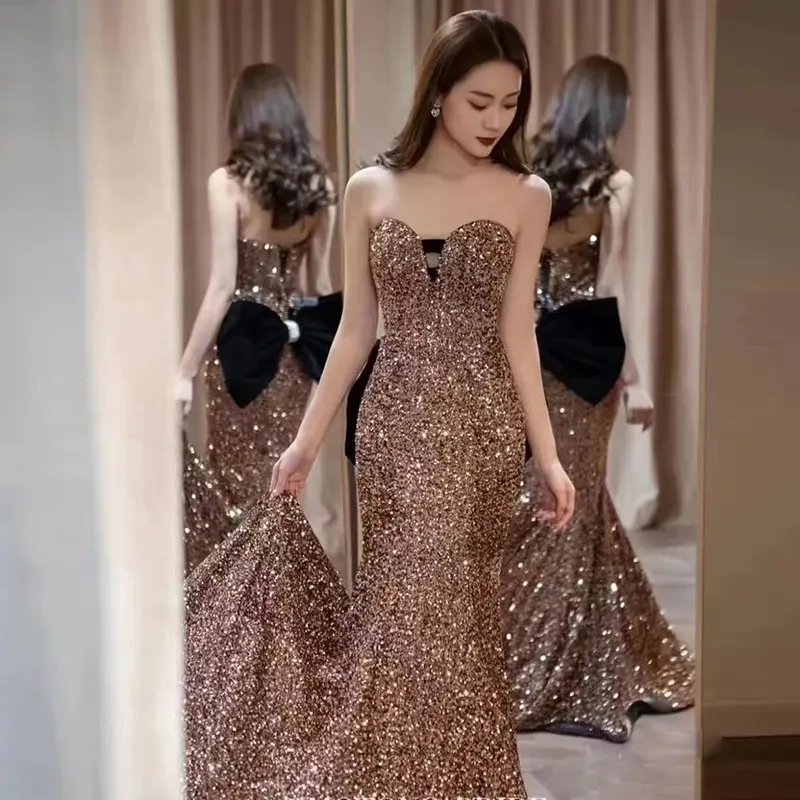 Gold Breastless Evening Dress Senior Sense Temperament Socialite Sequin Fishtail Toast Gown Hosting Annual Meeting Backless Dres