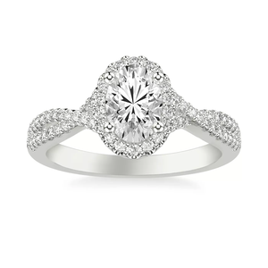 Anillo de boda de oro blanco de 14K con doble halo y pavé, de tallo dividido, con diamante de laboratorio de corte ovalado, certificado IGI, VVS, tamaño D 1-10 - Product Image 1