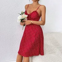 Robe mini à pois rouges pour femmes, coupe ajustée, bretelles spaghetti, dos nu, tenue de soirée, ODM