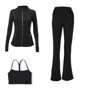 Women's 2-Piece Yoga Loungewear Set Solid Pattern Jogger <b>Jacket</b> with Flare Pants Elastic Waist Closure Fall Fitness Outfit - Product Image 2