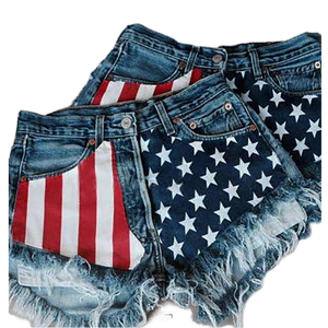 Shorts vaqueros casuales de cintura media ajustados con estampado para mujer europea y americana, ideales para plataformas independientes. - Product Image 1