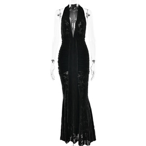 Evening Dress Women Deep V-Neck Halter Lace <b>Up</b> Pleated Long Formal Gown Natural Waistline <b>Open</b> Back Design - Product Image 5