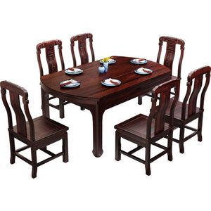 Chinese Style Ebony Solid Wood <b>Dining</b> <b>Table</b> And <b>Chair</b> Set 6 Piece Foldable Antique Mahogany <b>Dining</b> Room Set - Product Image 5