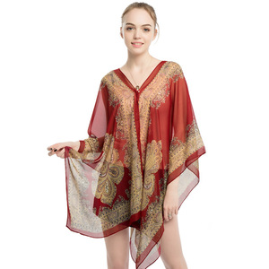 Nuova Sciarpa Estiva Europea e Americana per Signore, Protezione Solare, in Seta Leggera, Motivo Floreale Personalizzabile, Scialle da Spiaggia, Vendita all'Ingrosso - Product Image 1