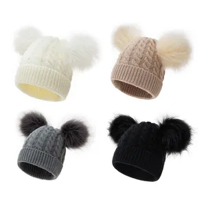 Warme Kinder Winter Gebreide Peuter Muts Met 2 Twee Dubbele Pom Poms Oren Grappige Hoed Baby Kids Faux Bont Muts