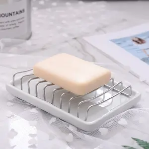 陶瓷肥皂盘带不锈钢搁板双排水海绵架肥皂盘浴室搁板淋浴用肥皂盒