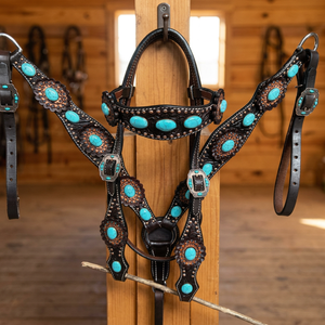 Ensemble de sellerie en cuir pour cheval, léger, orné de perles, turquoise, 5 pièces - Product Image 3