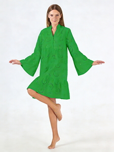 Robe Quotidienne Lavable Coupe Droite Silhouette Évasée en Coton Tricoté 100% Col V Manches Évasées Broderie Longueur Genou Taille Ample - Product Image 5