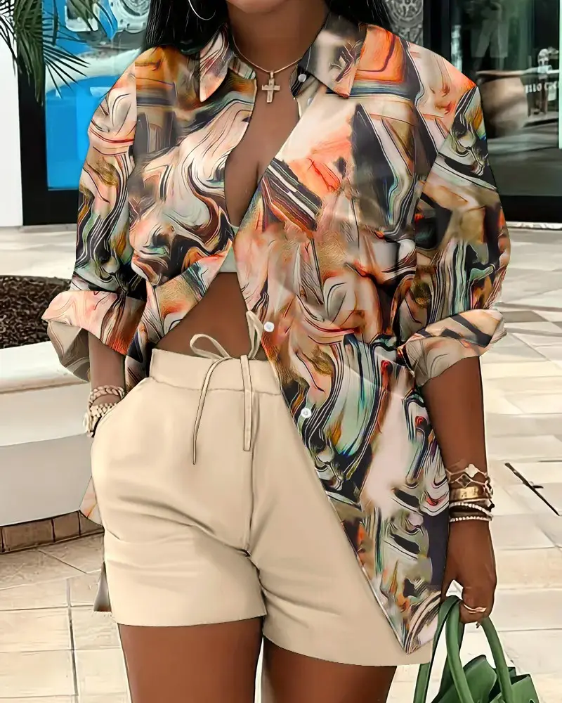 GX0594, лидер продаж, весенне-Летняя женская одежда, повседневная рубашка с длинным рукавом и шорты в полоску, комплект из 2 предметов