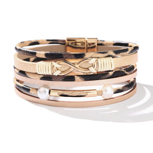 Multi Layered PU Leather <b>Bracelet</b> With Pearl And <b>Infinity</b> Symbol Women's Fashion Bangle Gift Jewelry Black Leopard Print Brown - Product Image 5