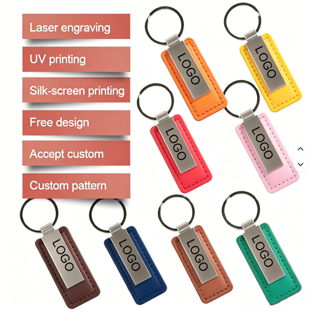 Custom Logo PU Leather Keychain, Personalized Laser Engraved Metal Plate Keyring, Multi-Color Options for Promotional Gifts