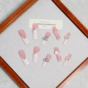 Lot de 24 <span class=keywords><strong>faux</strong></span> <span class=keywords><strong>ongles</strong></span> carrés roses français à presser, couvrance totale, avec décoration 3D nœud et <span class=keywords><strong>diamant</strong></span>, pour nail art, vente en gros - Product Image 3