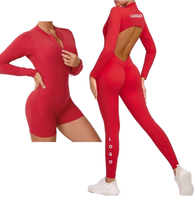 Combinaison courte pour femme à motif écossais, col rond, manches longues, séchage rapide, en Spandex/Nylon, idéale pour le yoga, la gym, le fitness, marque personnalisée