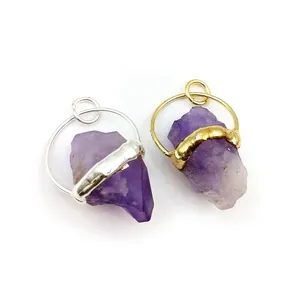 Wholesale Real Quartz Jewelry natural rough gemstone Gold/Silver Plated Soldered Charm Clear Crystal purple Amethyst Pendant