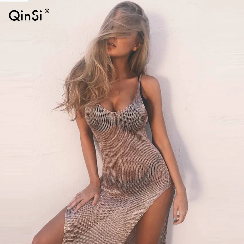 QINSI Summer See Through Side Split Sexy Dress Women Hollow Out Backless Cover Up Knitted Maxi Dresses White Sexy Beach Dress