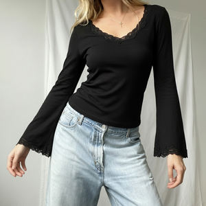 Camiseta de Punto con Cuello en V para Mujer, Otoño Invierno, con Ribete de Encaje y Mangas Acampanadas, Corte Ajustado, Elegante, para Uso Casual y de Oficina - Product Image 1